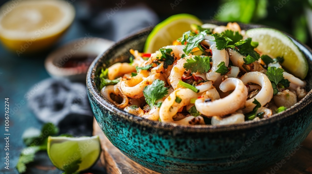 Wall mural A vibrant bowl of topped with fresh squid, garnished with herbs and lime wedges, served on a rustic wooden table for an authentic feel