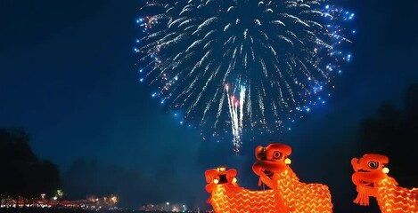 A vibrant night festival with fireworks, lion dance decorations, and lanterns illuminating the crowd