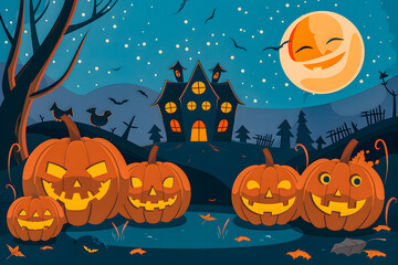 Illustration featuring Jack o' Lantern and castle silhouette at night, perfect for Halloween greetings or special Halloween sales promotions