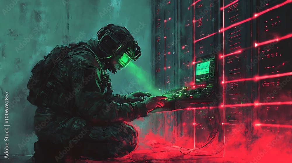 Poster cyberpunk soldier working on computer with red laser lights in background