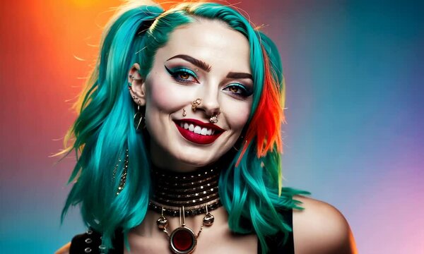 A vibrant-haired individual showcases a striking punk-inspired look complete with colorful highlights, bold makeup, and captivating accessories. The artistic setting enhances the overall aesthetic