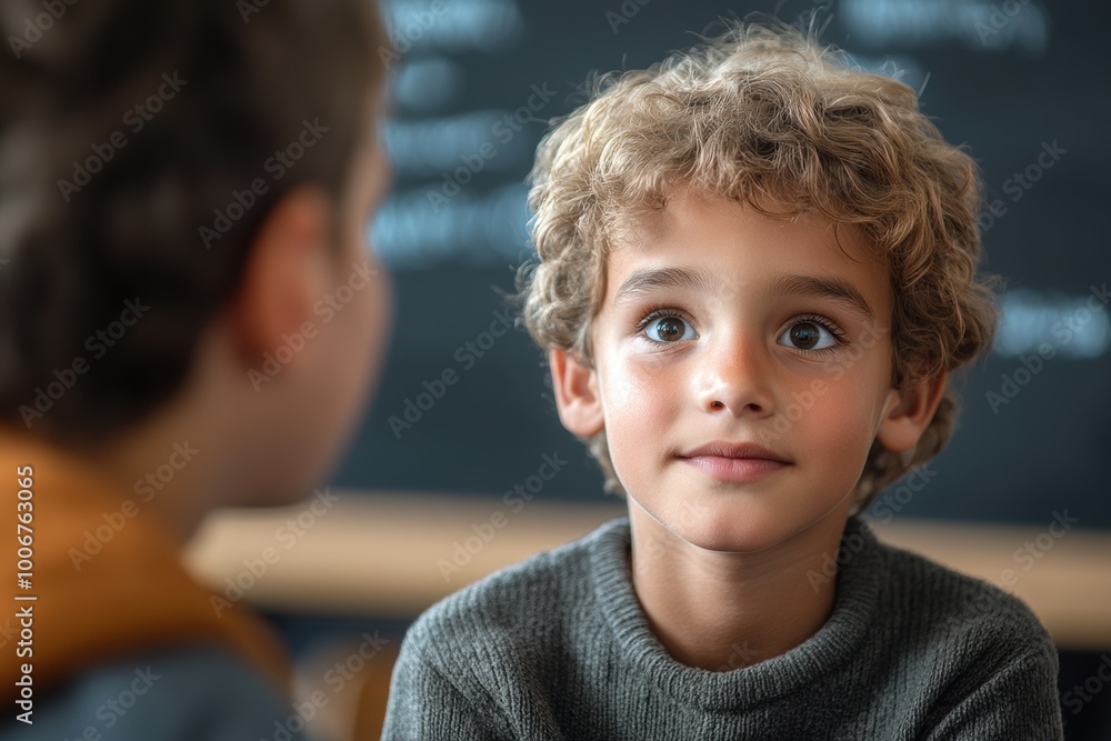 Sticker kid in classroom meeting the teacher with blackboard in the background 