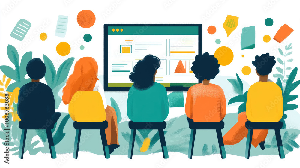 Poster a group of five people sit on chairs in front of a large screen, actively discussing diverse topics 