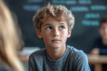 kid in classroom meeting the teacher with blackboard in the background 