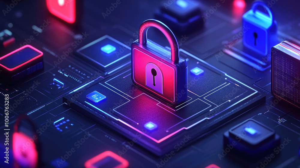 Poster a security lock sits prominently in a digital landscape filled with interconnected technology and gl