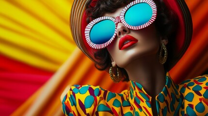 A stylish model showcases vibrant summer fashion with oversized sunglasses against a colorful background, capturing the essence of bold aesthetics and trendy attire
