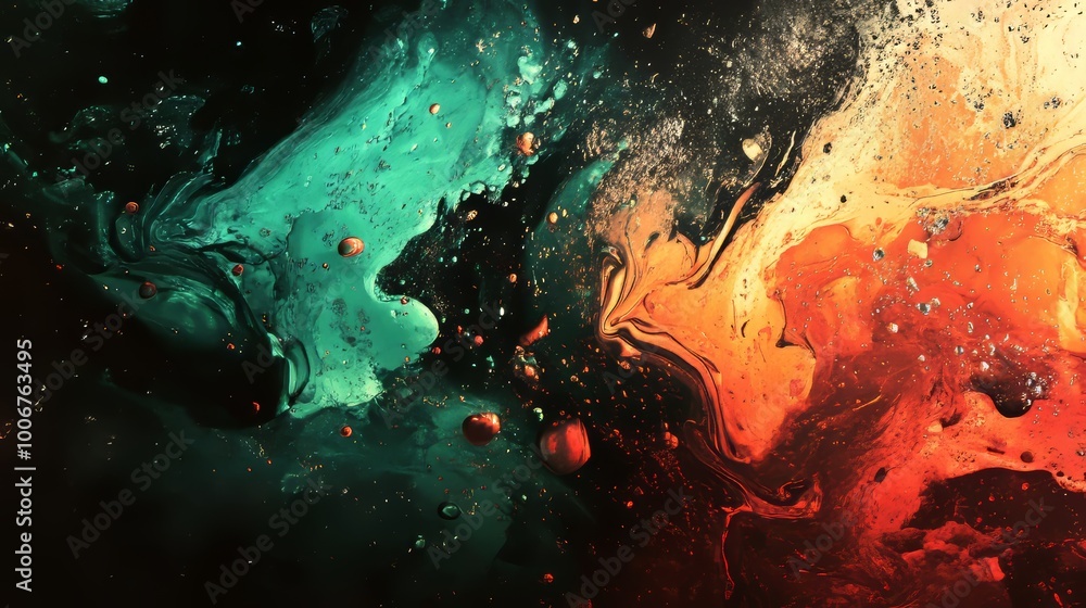 Poster fluid abstract art piece featuring swirling green and red hues, creating an intricate pattern and dy
