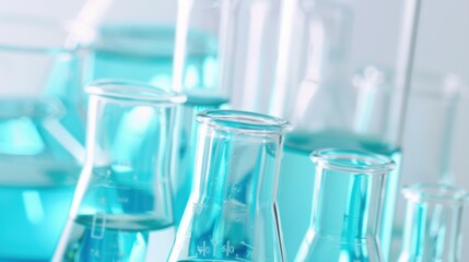 Laboratory glassware containing blue liquids during a scientific experiment showcasing vibrant colors and carefully arranged equipment