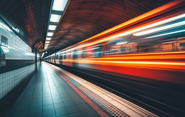 Obraz premium A subway train streaks through the cityscape in a long exposure image, reflecting dynamic movement and contemporary transit.