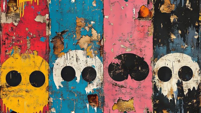 Four vibrantly colored panels with skull imagery symbolize decay and resilience in street art forms.