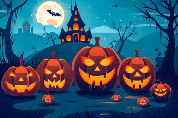 Illustration featuring Jack o' Lantern and castle silhouette at night, perfect for Halloween greetings or special Halloween sales promotions