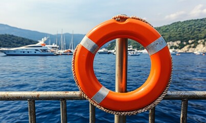 An orange life preserver hangs on a metal railing with a blurred background of boats and a blue ocean.