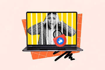 Composite photo collage of scared panic girl inside laptop device jail hostage addicted concept...