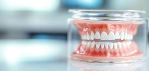 A detailed view of a set of dental prosthetics immersed in a glass container, highlighting the realistic appearance of artificial teeth.
