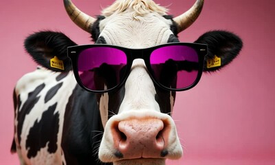 Amidst a playful pink background, a fashionable cow confidently flaunts a pair of sunglasses, creating a delightful and humorous mood. This charming setting invites smiles and laughter