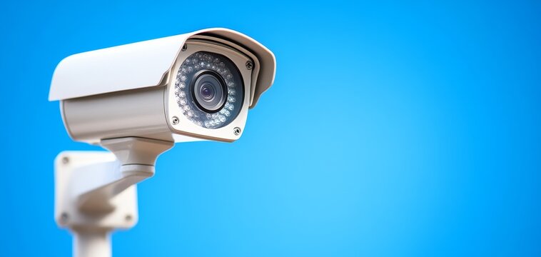 A close-up image of a modern security camera mounted on a wall against a vibrant blue background, highlighting its features and design.