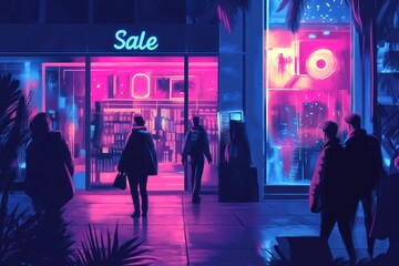 A neon-lit storefront with sale signs and vibrant colors, representing modern urban shopping culture and nightlife vibrancy.