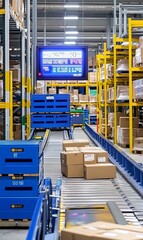 Boxes move along a conveyor belt in a warehouse.