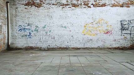 Naklejka premium A rustic brick wall features faded graffiti art, symbolizing urban decay and street art in an empty warehouse setting.