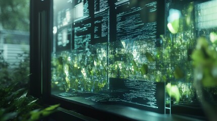 A futuristic digital interface displays illuminated data visuals, embodying technology and innovation surrounded by greenery.