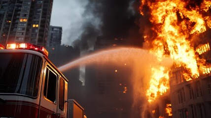 Obraz premium Fire hose connected to an advanced fire truck, spraying water at a high rise building on fire, cityscape background, cuttingedge firefighting tech