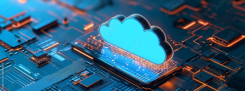 Poster a digital image of a cloud resting on microchips, symbolizing the modern connectivity and infrastruc