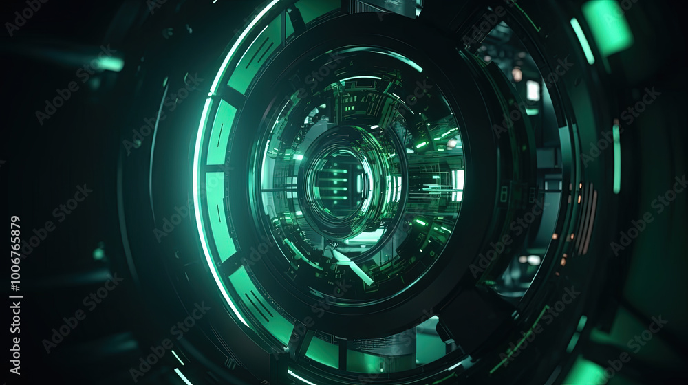 Poster Technology abstract background with hud styled round interface elements in neon tech light. Generated AI.