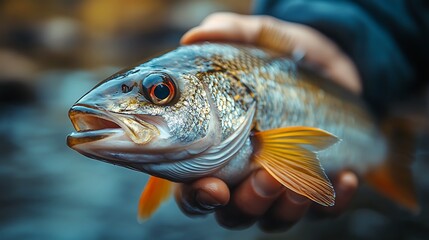Fototapeta premium A fisherman holds a freshly caught fish with a blurred background of a river.