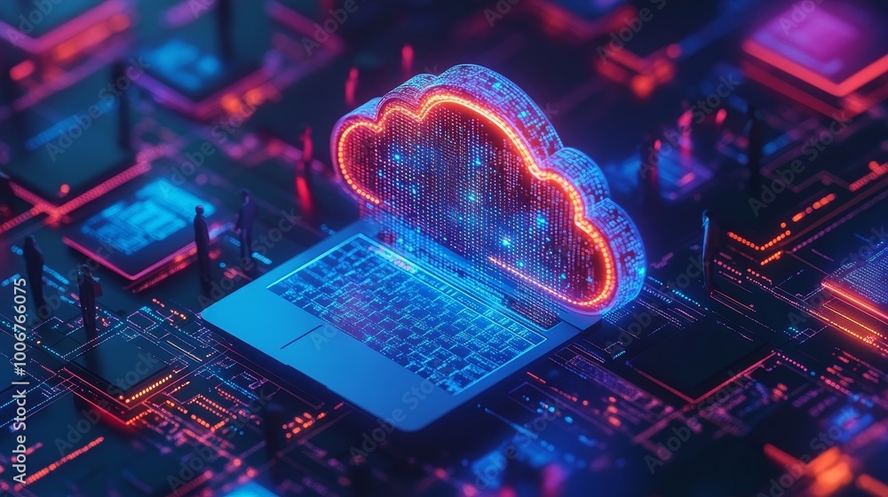 Poster a vivid digital illustration of a glowing cloud surrounded by a network, highlighting cloud computin