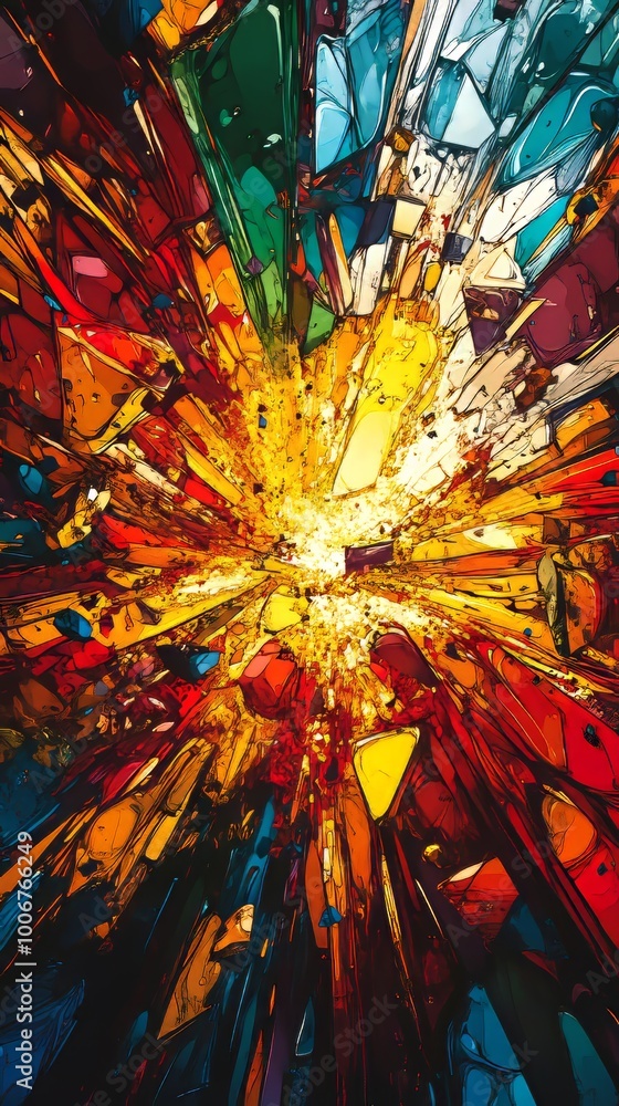 Poster a dynamic abstract composition with a burst of vivid colors and shapes, representing creativity and 