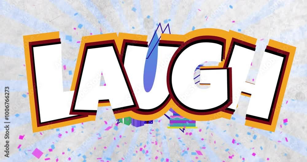 Poster laugh text animation with colorful confetti and rays background