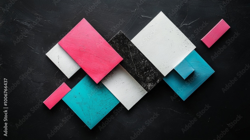 Poster artistic geometric design featuring overlapping rectangles in vibrant colors on a contrasting black 