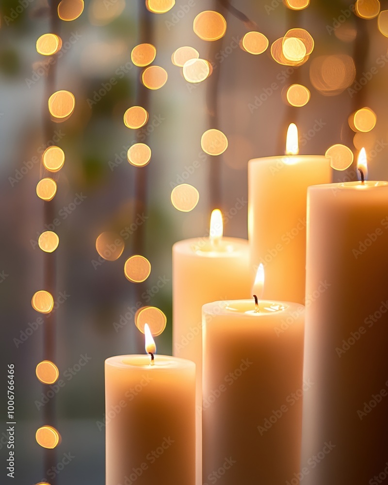 Poster capture the warm glow of candles with a backdrop of softly glowing hanging lights, using a shallow d