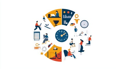 An infographic illustrating various daily life activities encapsulated in a circular diagram with a central clock face.