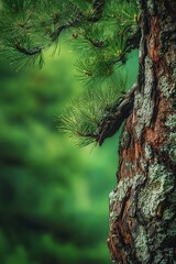 Obraz premium Close-up of a pine tree bark with green needles and a blurry green background.