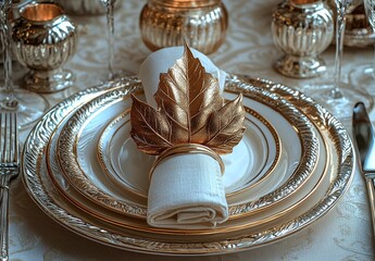  A golden leaf-shaped napkin ring surrounds the white linen cloth of an elegant table setting, complemented by silver cutlery and plates with gold trim. 
