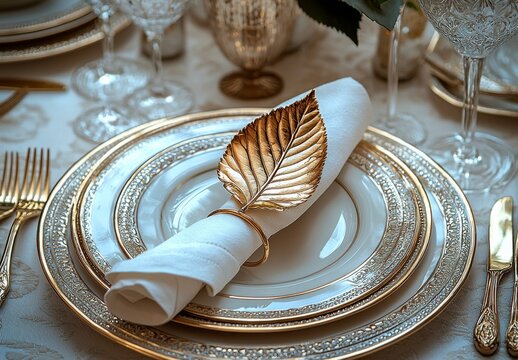  A golden leaf-shaped napkin ring surrounds the white linen cloth of an elegant table setting, complemented by silver cutlery and plates with gold trim. 