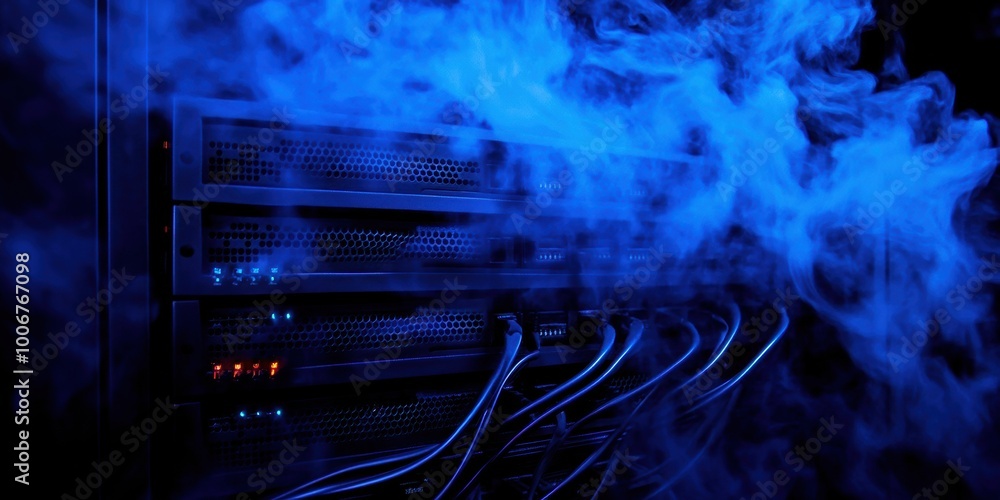 Aufkleber blue smoke envelops a server rack in a dark room, highlighting the illuminated indicators and intric