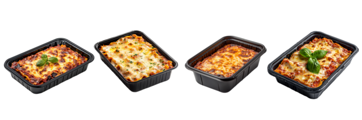 Lasagna in Take Away Container isolated on transparent background.