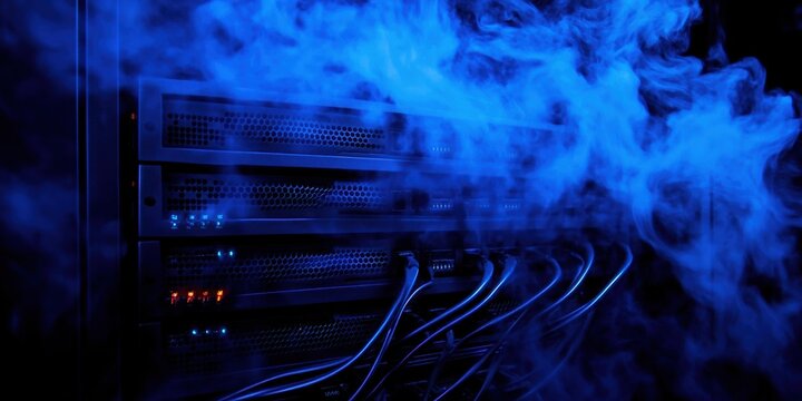 Blue smoke envelops a server rack in a dark room, highlighting the illuminated indicators and intricate cabling during late night operations in a data center
