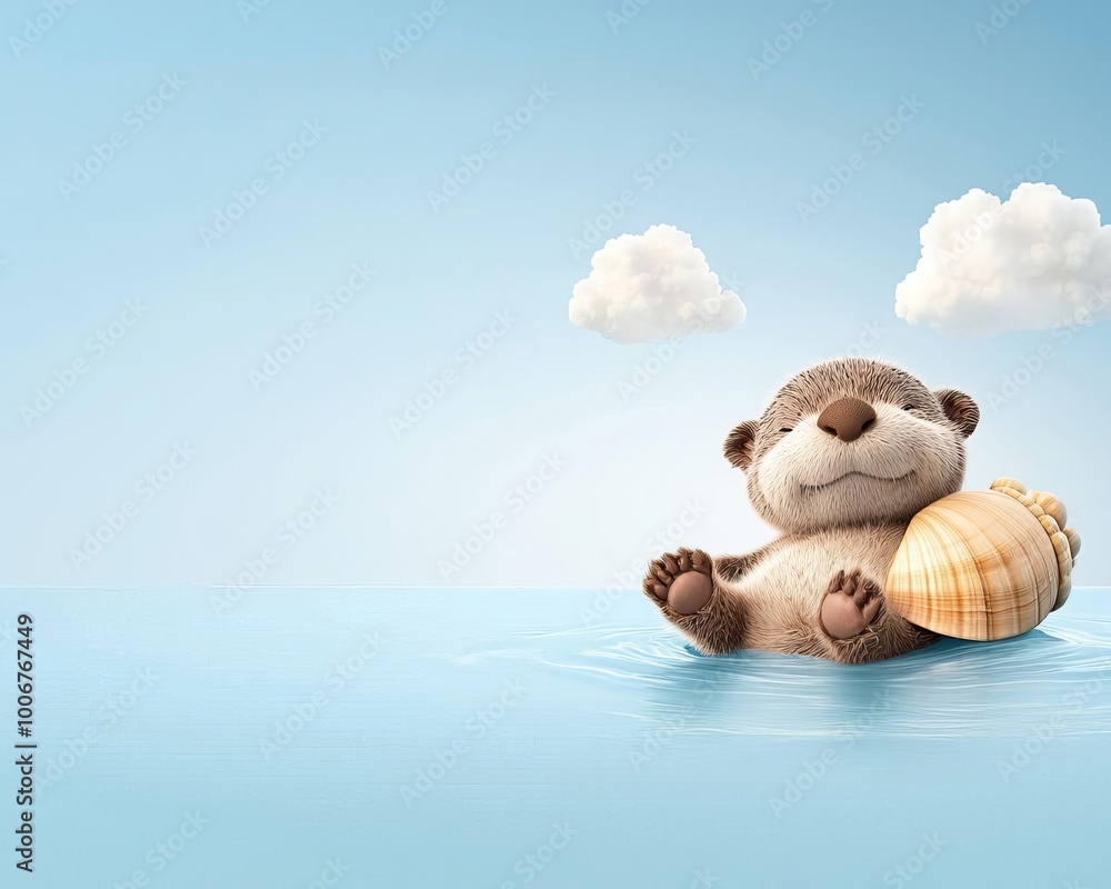 Poster adorable 3d otter floating on its back with shell in charming minimalistic style