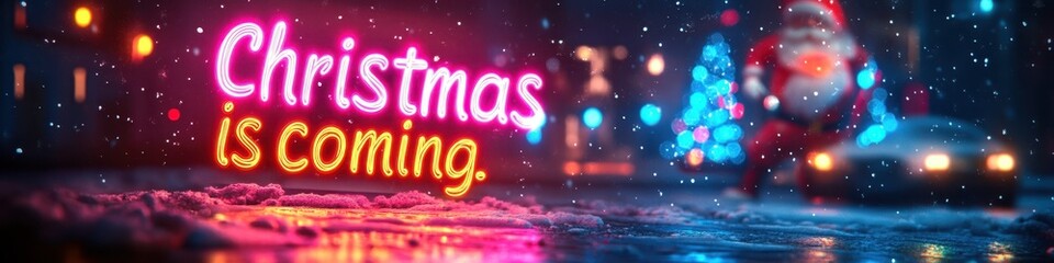 Vibrant neon sign proclaims 'Christmas is coming' with a festive backdrop of Santa Claus and holiday decorations.