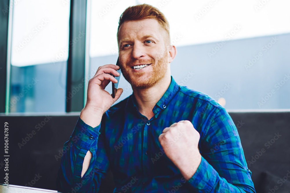 Poster overjoyed hipster guy feeling happy from received news about 4g connection in roaming using mobile a