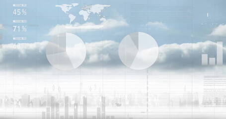 Image of charts processing data over cloudy sky and cityscape