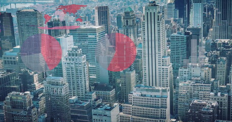 Image of charts processing data over modern cityscape