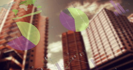 Image of charts processing data over modern city buildings