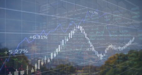 Image of financial data processing over cityscape