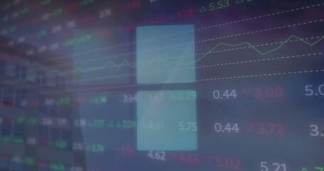 Image of financial data processing over cityscape