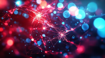 Obraz premium A vibrant and dynamic digital illustration of interconnected light nodes, glowing in red and blue hues
