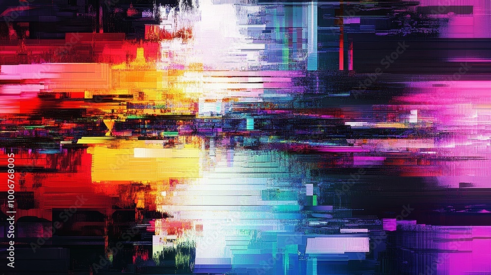 Poster a vivid and chaotic digital artwork with glitch effects creating a dynamic display of colors and for